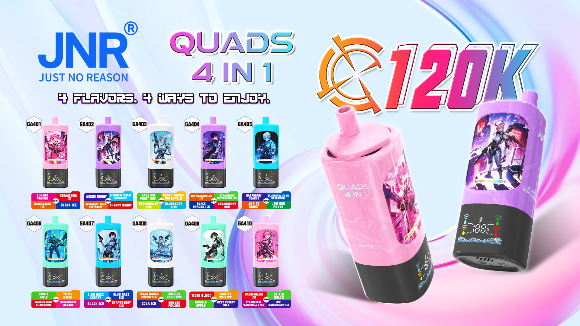 JNR Quads 4in1 120k Puffs - JNR Vape Flavor list of JNR Quads 4in1 120k Puffs - JNR Vape